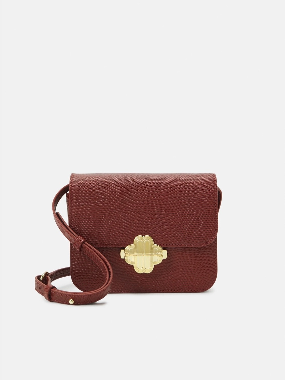 MAJE Clover Bag Textured Leather Crossbody in Burgundy with Gold Clasp